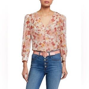 Veronica Beard Womens Milan Blouse Pink Floral Long Sleeve V Neck Metallic 0 New